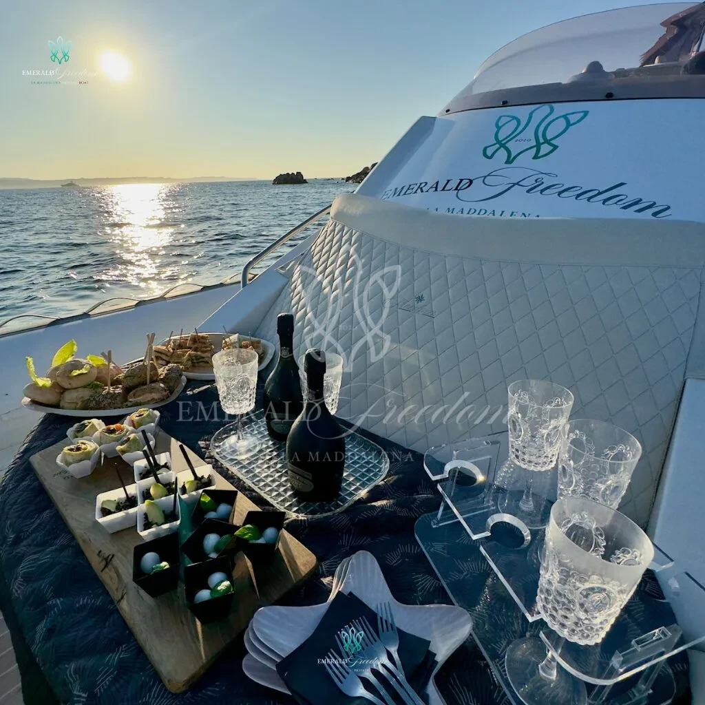 Private luxury birthday celebration on board Emerald Freedom La Maddalena, with breathtaking views and premium onboard service