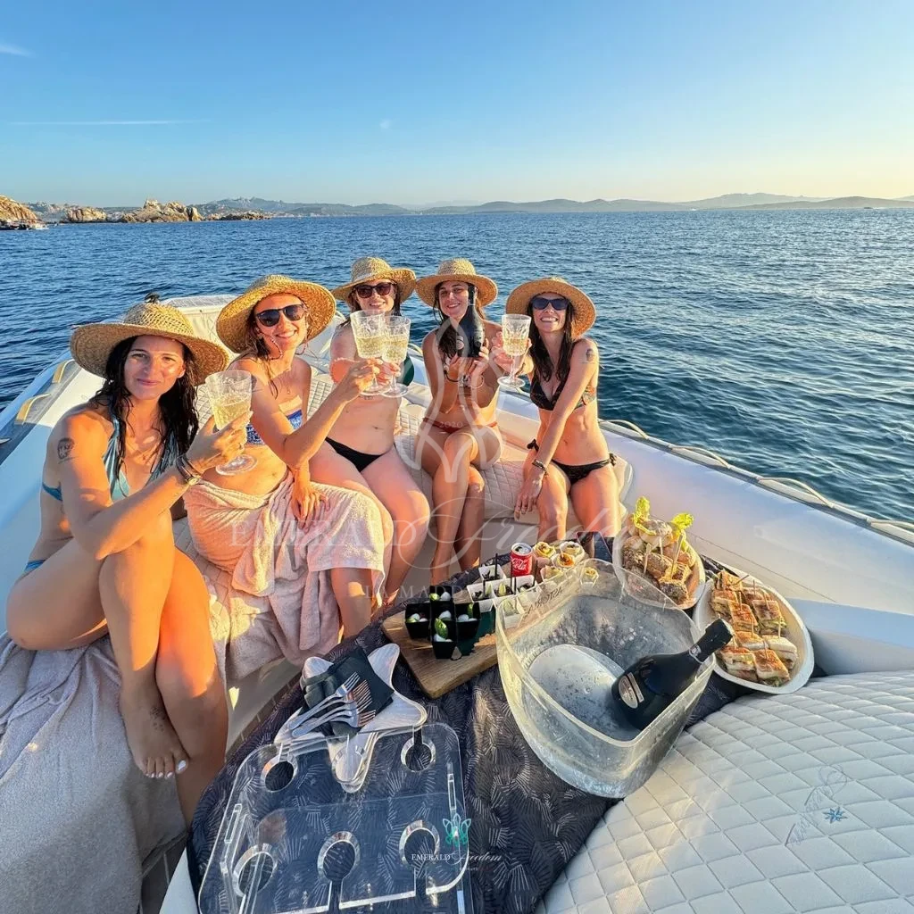 Luxury Maxi-RIB of Emerald Freedom La Maddalena at sunset in the La Maddalena Archipelago, perfect for exclusive boat events